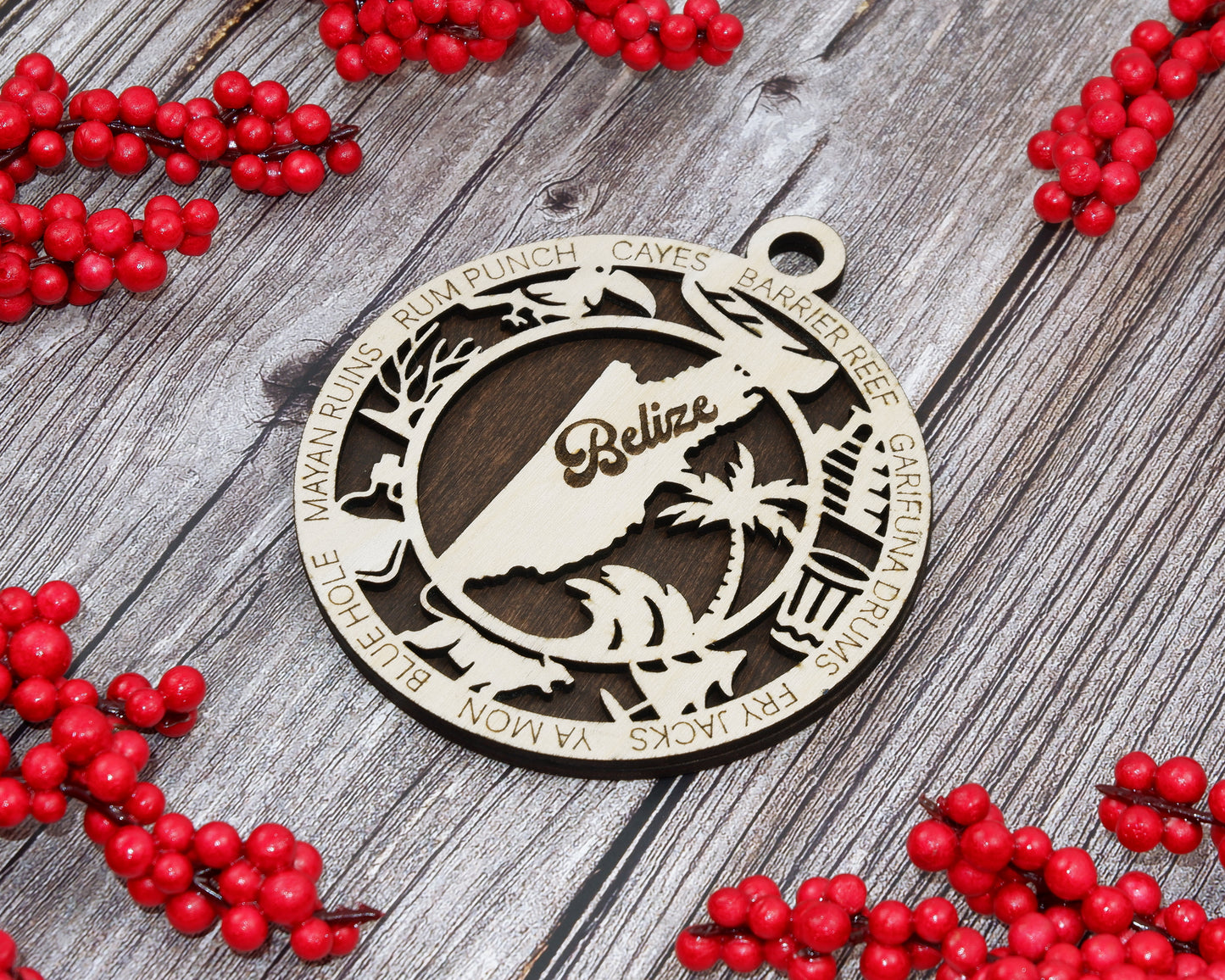 Belize Wood Ornaments • Laser Cut Travel Souvenir • Belize Gift • Barrier Reef Decor • Tropical Christmas Ornaments