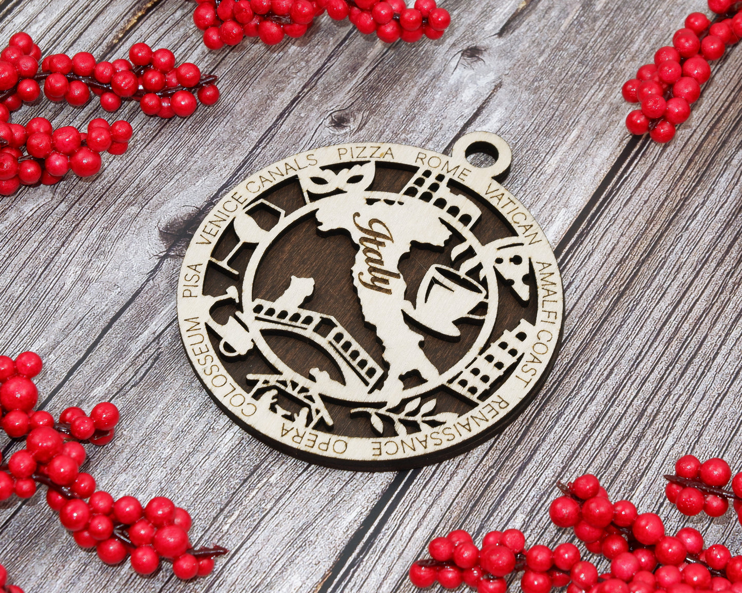 Italy Travel Ornaments • Wooden Italy Maps Christmas Ornaments • Laser Cut Italian Souvenir • Italy Landmark Gift Decor