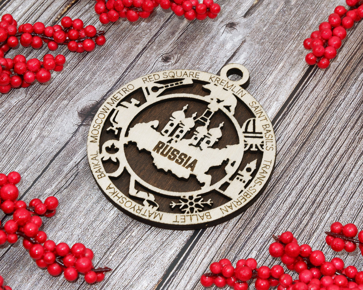 Russia Travel Ornaments • Wooden Russia Maps Christmas Ornaments • Laser Cut Russian Souvenir • Cultural Russia Gift Decor