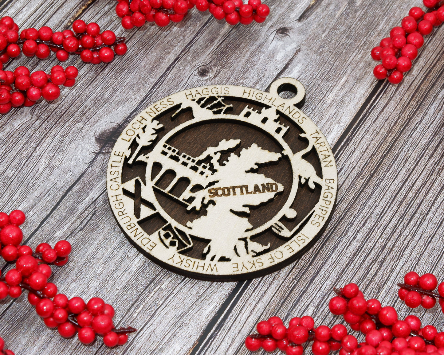 Scotland Travel Ornaments • Wooden Scotland Maps Christmas Ornaments • Laser Cut Scottish Souvenir • Highland Gift Decor