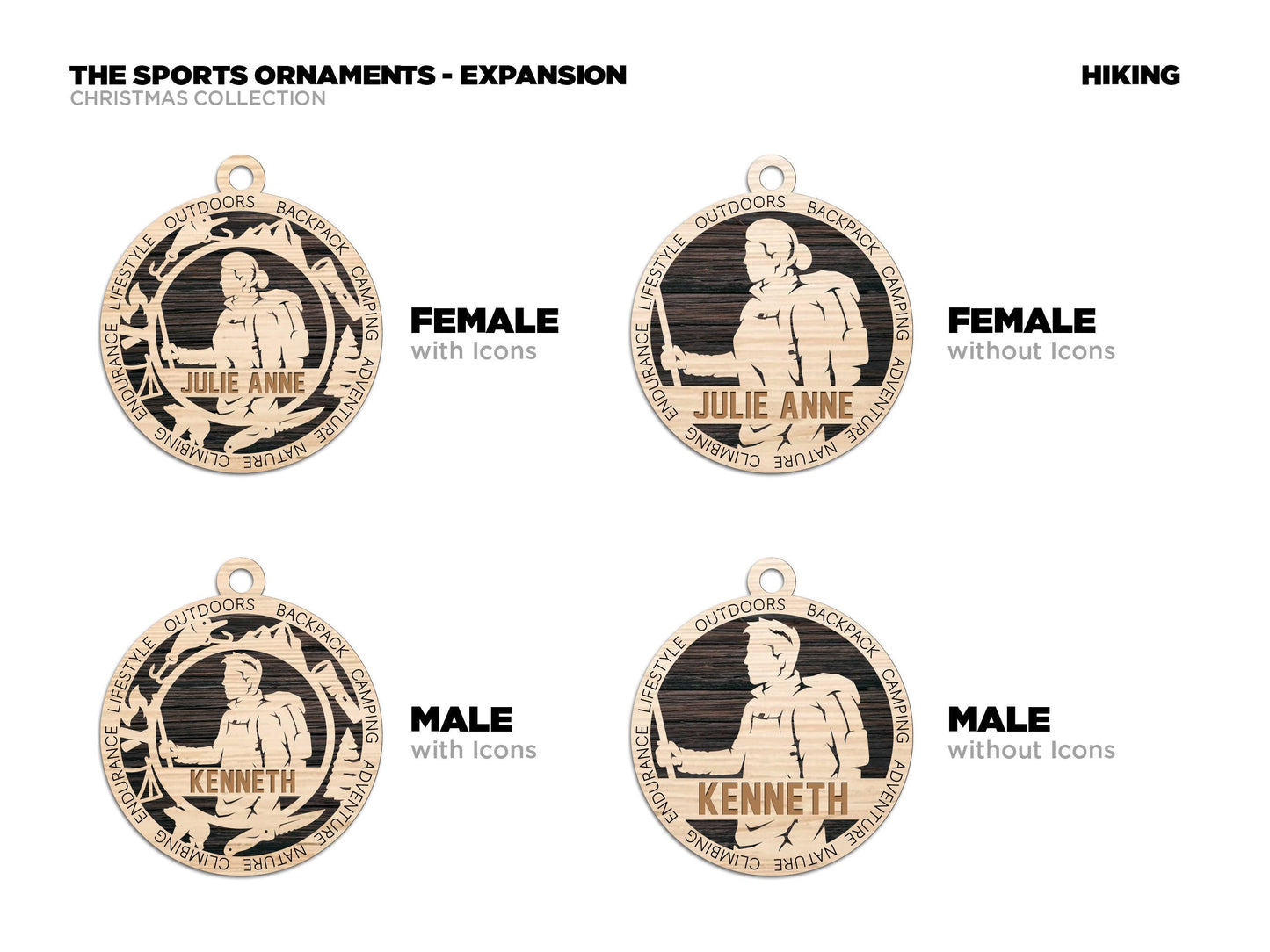 Hiking Personalized Ornaments | Handcrafted | Wooden | Laser-Cut | Gift