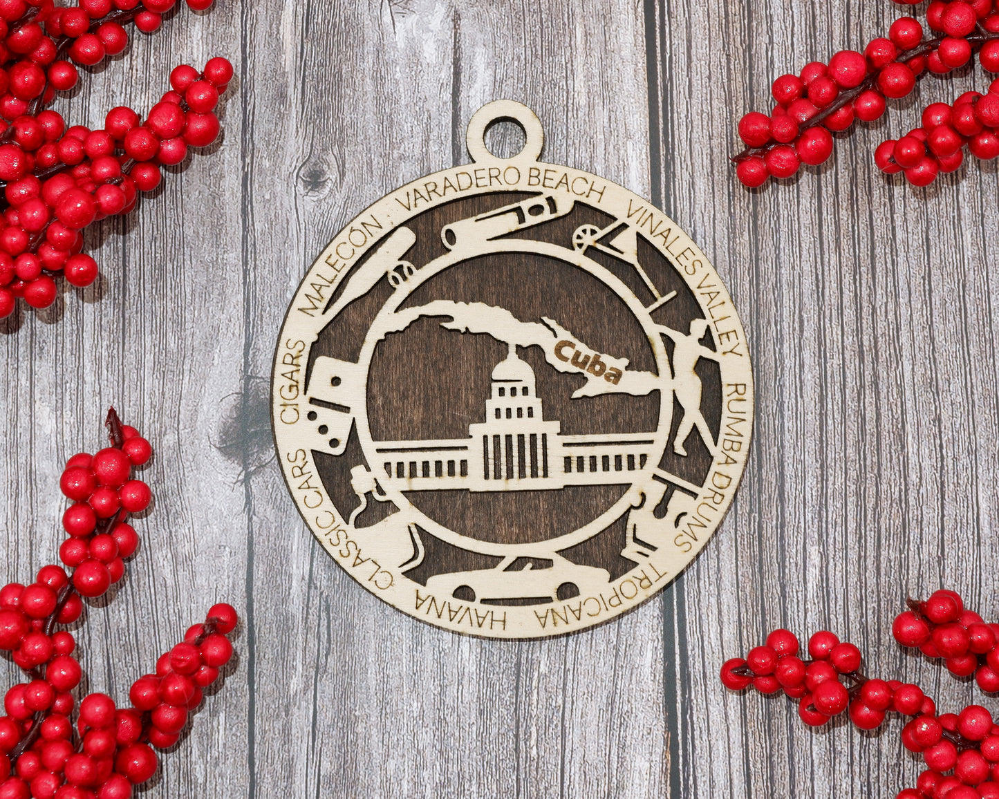 Cuba Travel Ornaments ‚Ä¢ Wooden Cuba Maps Christmas Ornaments ‚Ä¢ Laser Cut Havana Souvenir ‚Ä¢ Cuban Gift for Travelers