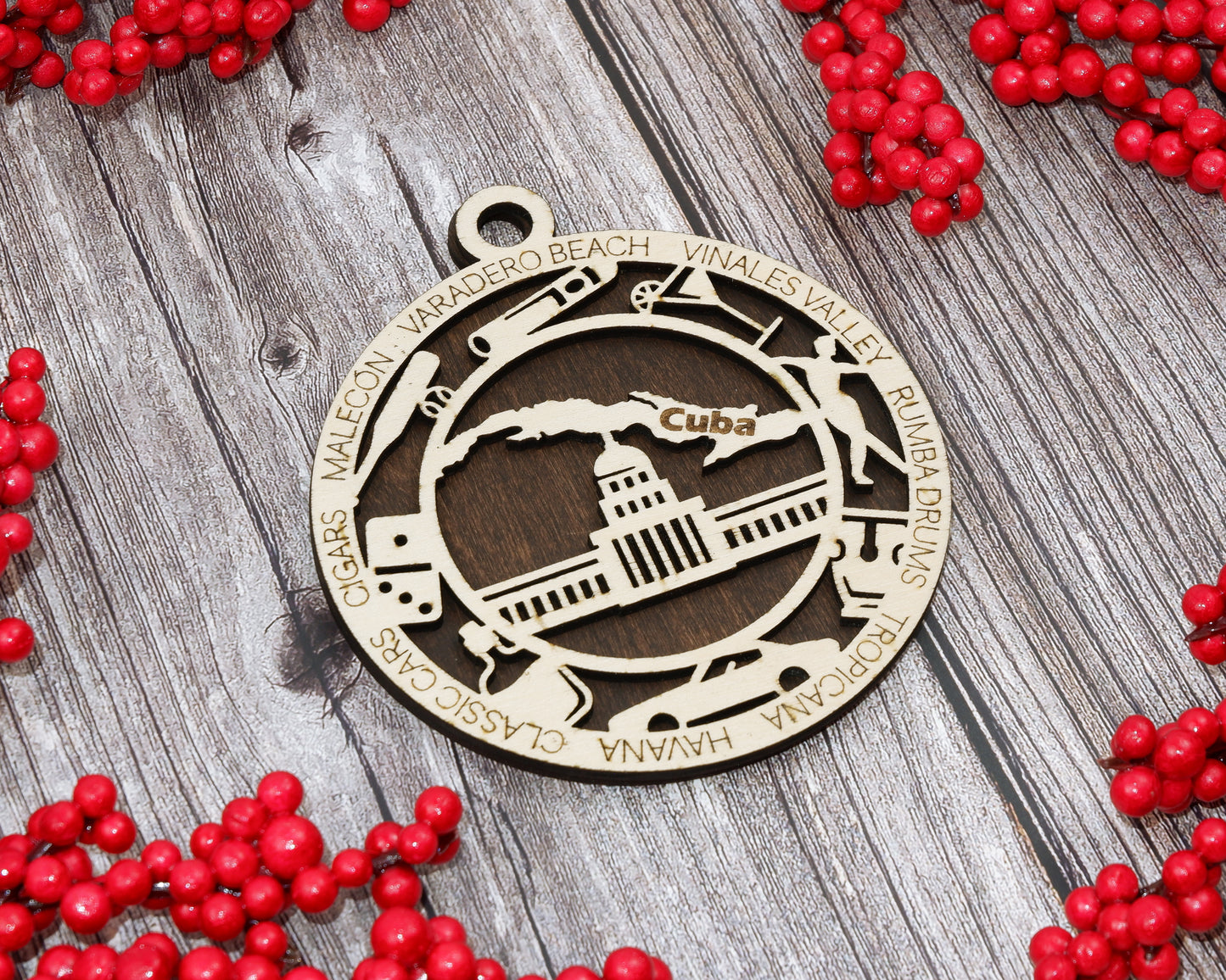 Cuba Travel Ornaments ‚Ä¢ Wooden Cuba Maps Christmas Ornaments ‚Ä¢ Laser Cut Havana Souvenir ‚Ä¢ Cuban Gift for Travelers