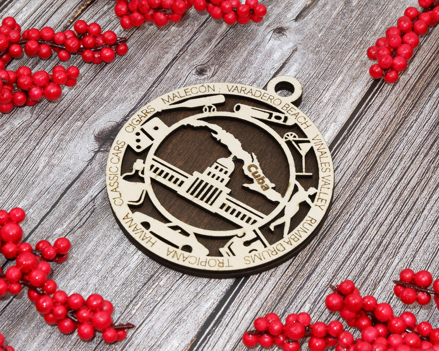 Cuba Travel Ornaments ‚Ä¢ Wooden Cuba Maps Christmas Ornaments ‚Ä¢ Laser Cut Havana Souvenir ‚Ä¢ Cuban Gift for Travelers