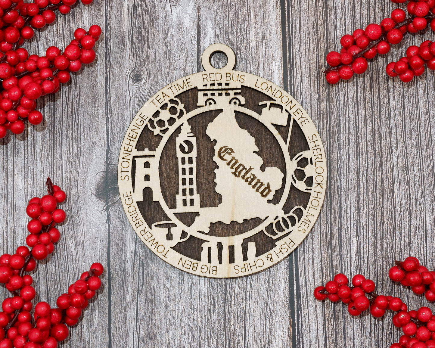 England Travel Ornaments ‚Ä¢ Wooden England Maps Christmas Ornaments ‚Ä¢ Laser Cut London Souvenir ‚Ä¢ Personalized England Gift