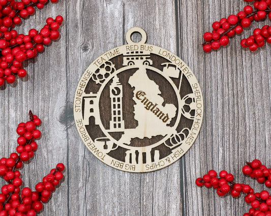 England Travel Ornaments ‚Ä¢ Wooden England Maps Christmas Ornaments ‚Ä¢ Laser Cut London Souvenir ‚Ä¢ Personalized England Gift