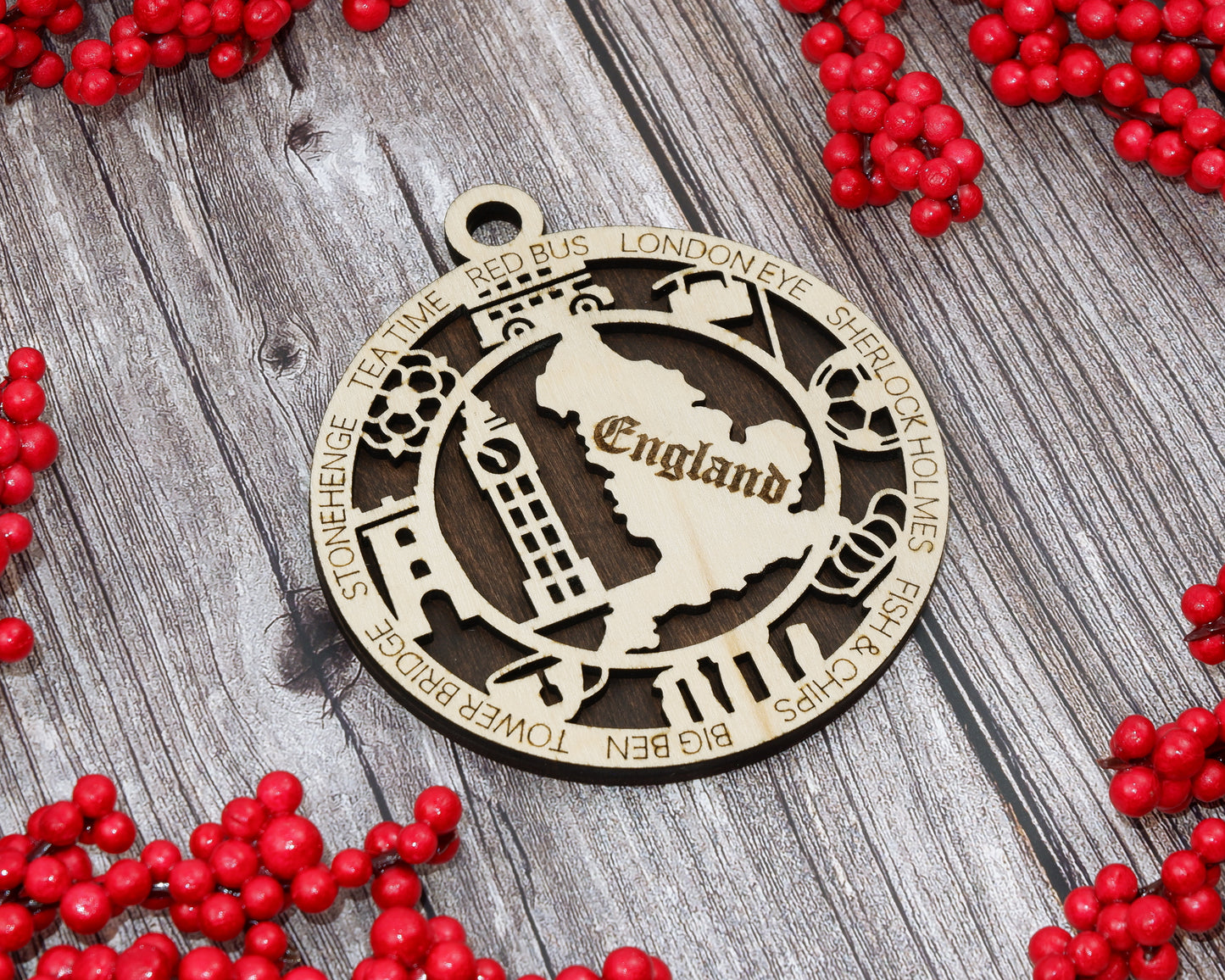 England Travel Ornaments ‚Ä¢ Wooden England Maps Christmas Ornaments ‚Ä¢ Laser Cut London Souvenir ‚Ä¢ Personalized England Gift