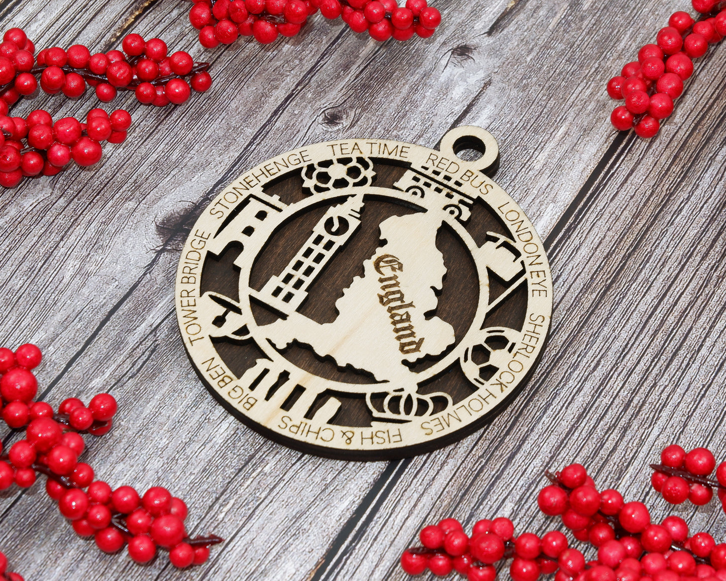 England Travel Ornaments ‚Ä¢ Wooden England Maps Christmas Ornaments ‚Ä¢ Laser Cut London Souvenir ‚Ä¢ Personalized England Gift