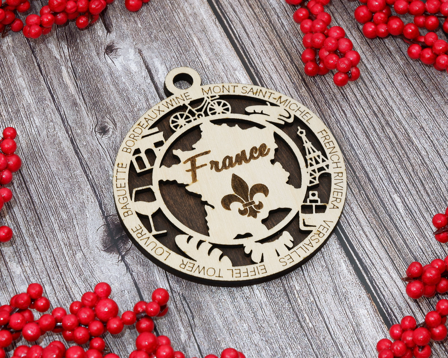 France Travel Ornaments ‚Ä¢ Wooden France Maps Christmas Ornaments ‚Ä¢ Laser Cut French Souvenir ‚Ä¢ Personalized France Gift