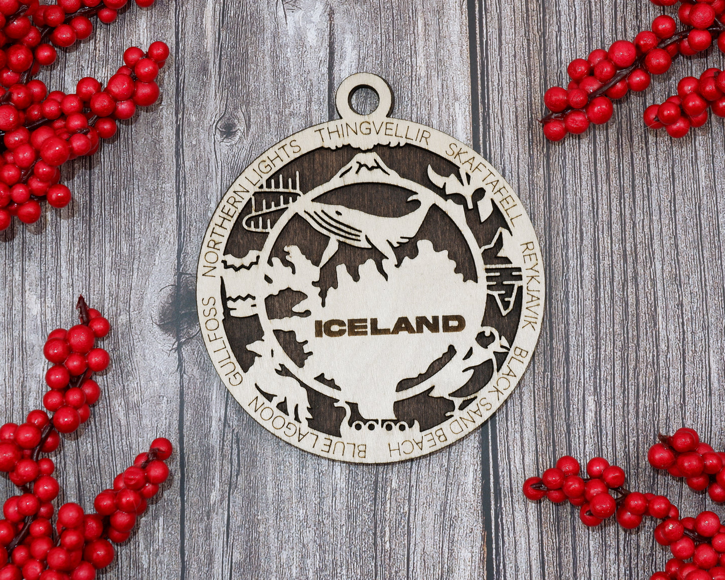 Iceland Travel Ornaments ‚Ä¢ Wooden Iceland Maps Christmas Ornaments ‚Ä¢ Laser Cut Iceland Souvenir ‚Ä¢ Personalized Iceland Gift