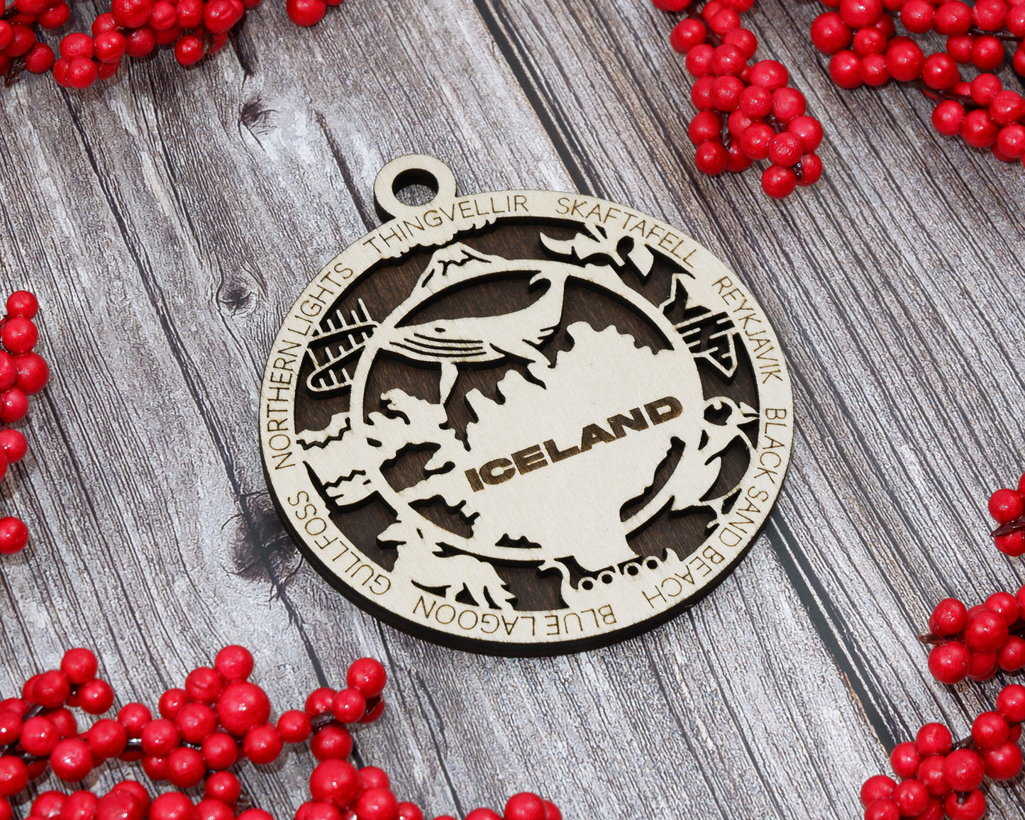 Iceland Travel Ornaments ‚Ä¢ Wooden Iceland Maps Christmas Ornaments ‚Ä¢ Laser Cut Iceland Souvenir ‚Ä¢ Personalized Iceland Gift