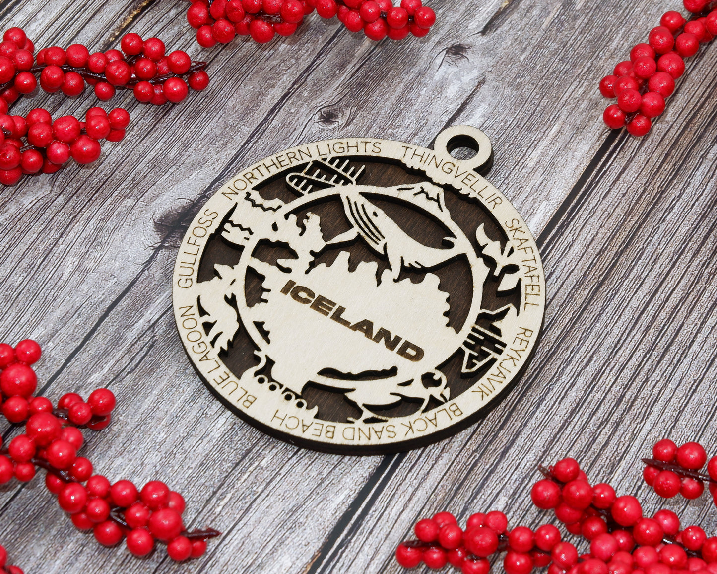 Iceland Travel Ornaments ‚Ä¢ Wooden Iceland Maps Christmas Ornaments ‚Ä¢ Laser Cut Iceland Souvenir ‚Ä¢ Personalized Iceland Gift