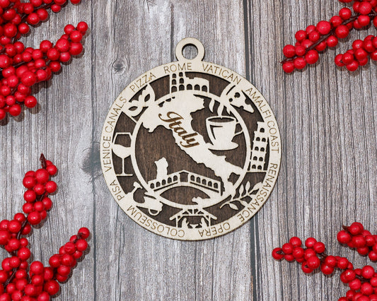 Italy Travel Ornaments ‚Ä¢ Wooden Italy Maps Christmas Ornaments ‚Ä¢ Laser Cut Italian Souvenir ‚Ä¢ Italy Landmark Gift Decor