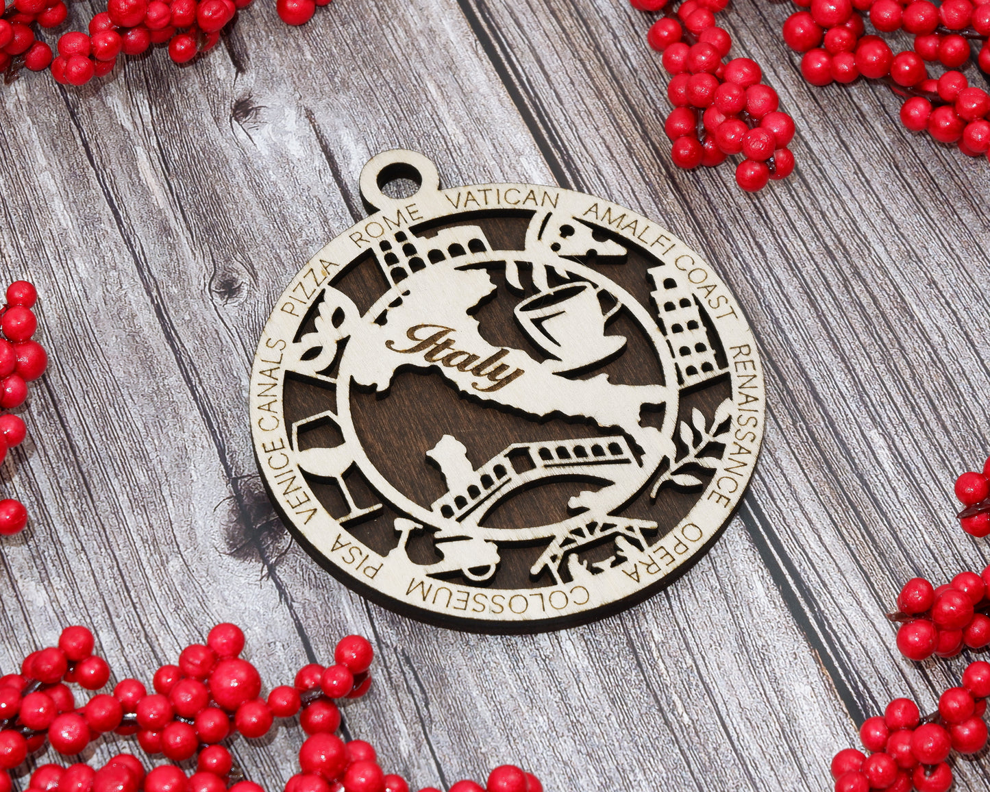 Italy Travel Ornaments ‚Ä¢ Wooden Italy Maps Christmas Ornaments ‚Ä¢ Laser Cut Italian Souvenir ‚Ä¢ Italy Landmark Gift Decor