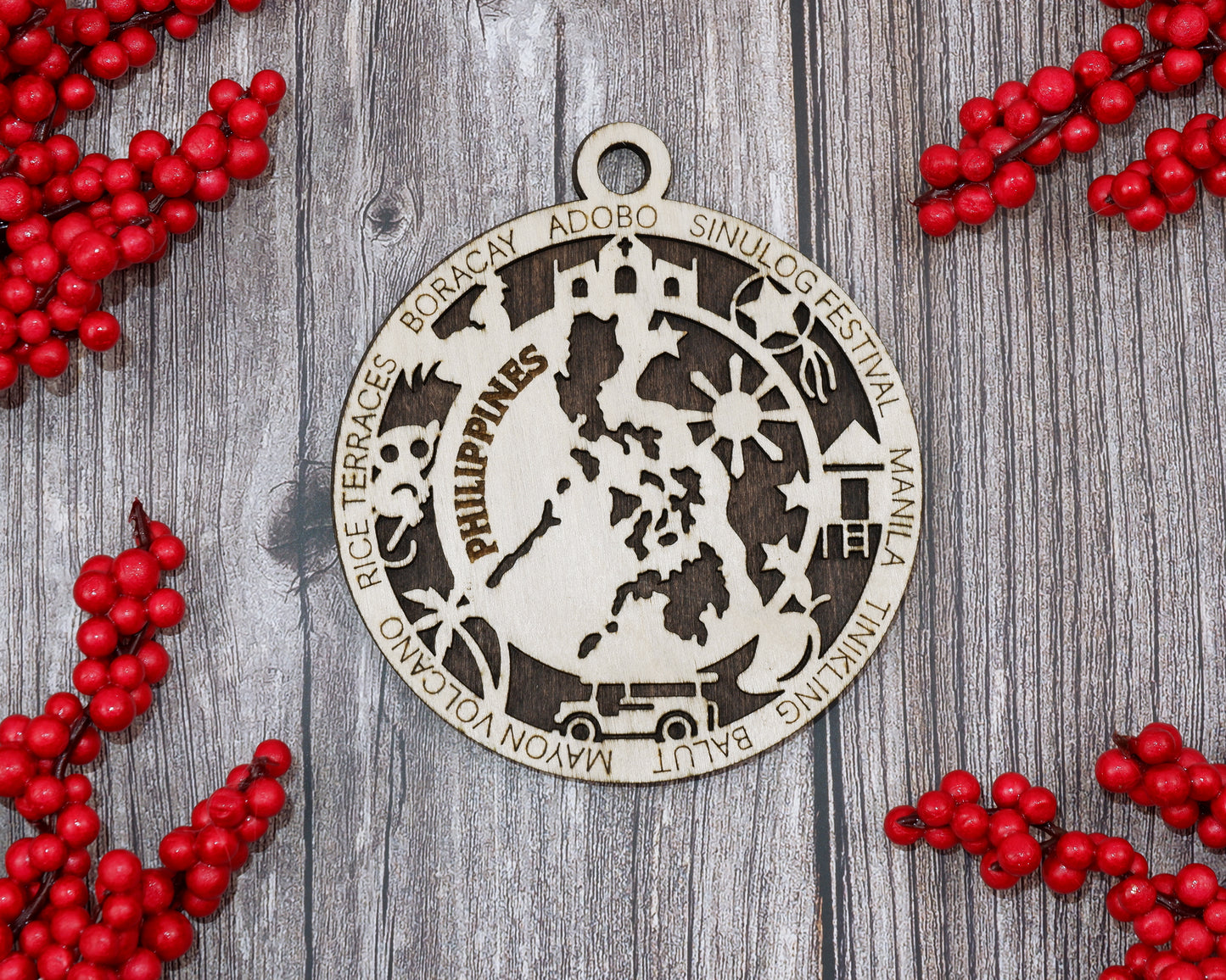 Philippines Travel Ornaments ‚Ä¢ Wooden Philippines Maps Christmas Ornaments ‚Ä¢ Laser Cut Filipino Souvenir ‚Ä¢ Island Nation Gift