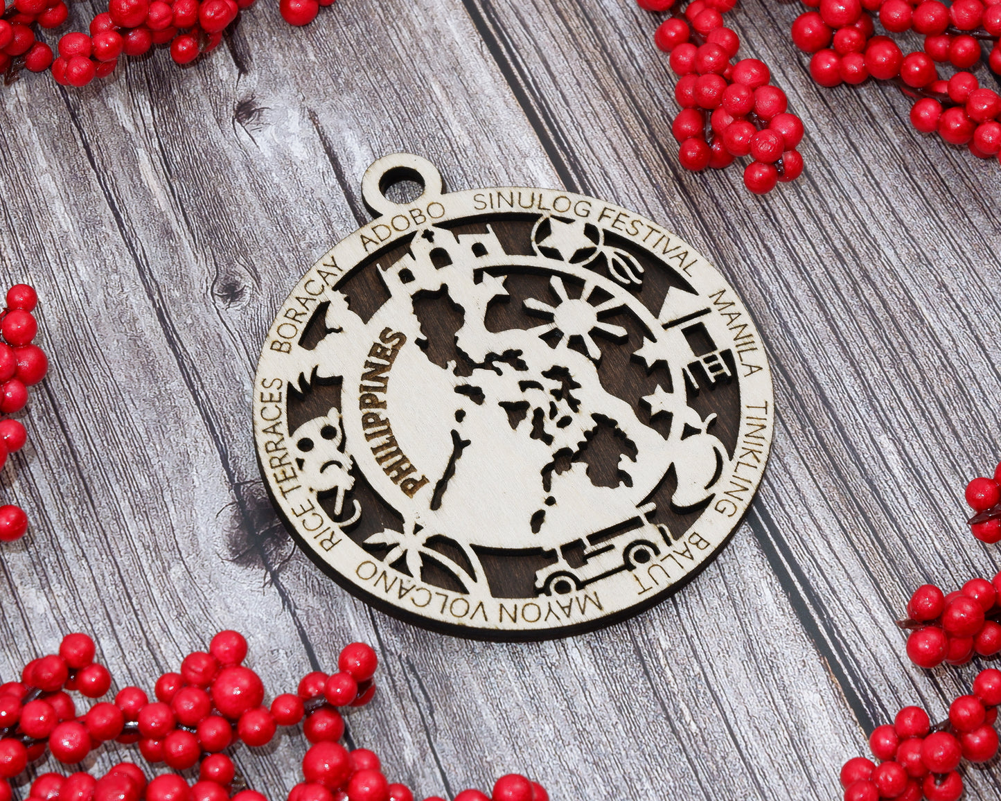 Philippines Travel Ornaments ‚Ä¢ Wooden Philippines Maps Christmas Ornaments ‚Ä¢ Laser Cut Filipino Souvenir ‚Ä¢ Island Nation Gift