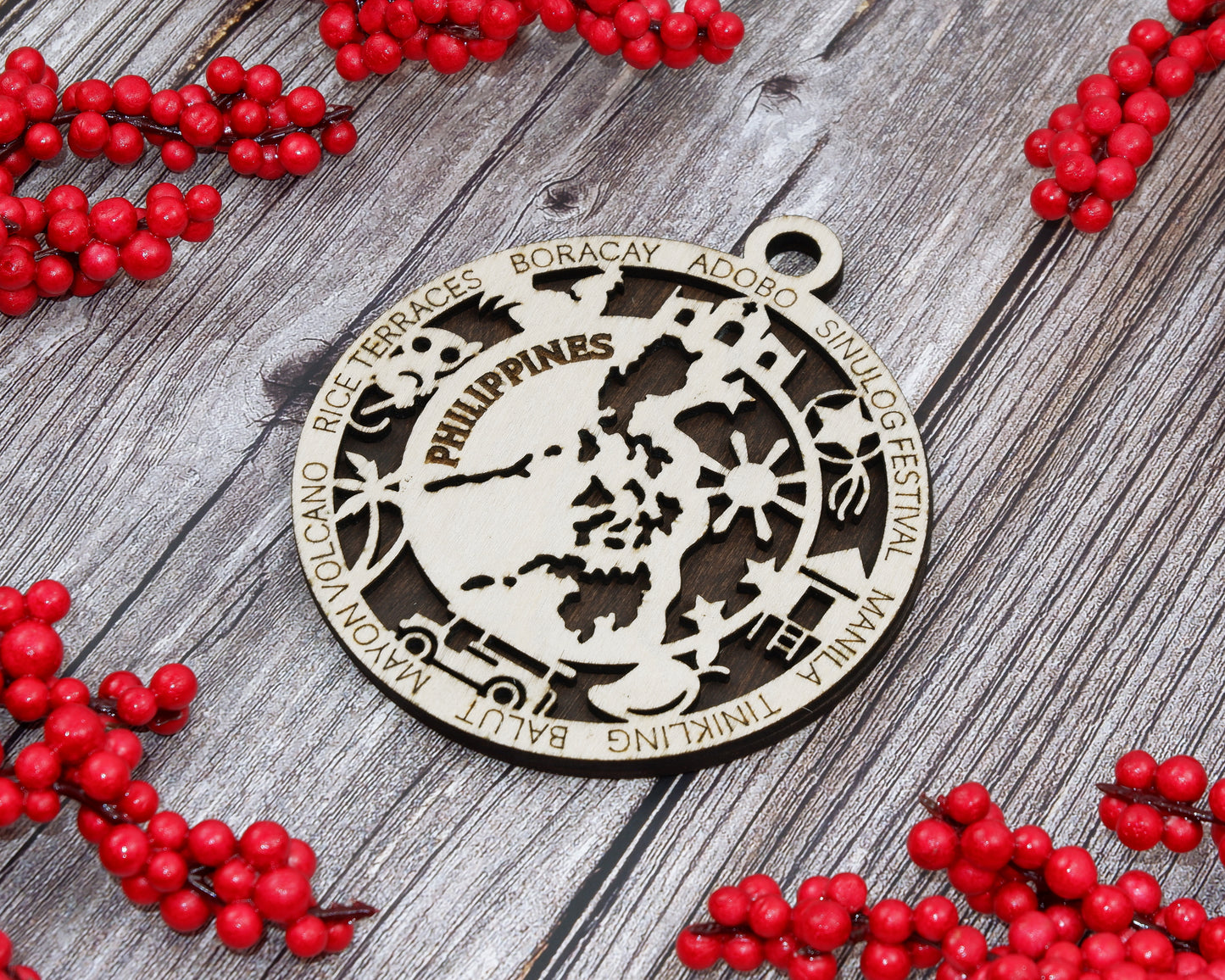Philippines Travel Ornaments ‚Ä¢ Wooden Philippines Maps Christmas Ornaments ‚Ä¢ Laser Cut Filipino Souvenir ‚Ä¢ Island Nation Gift