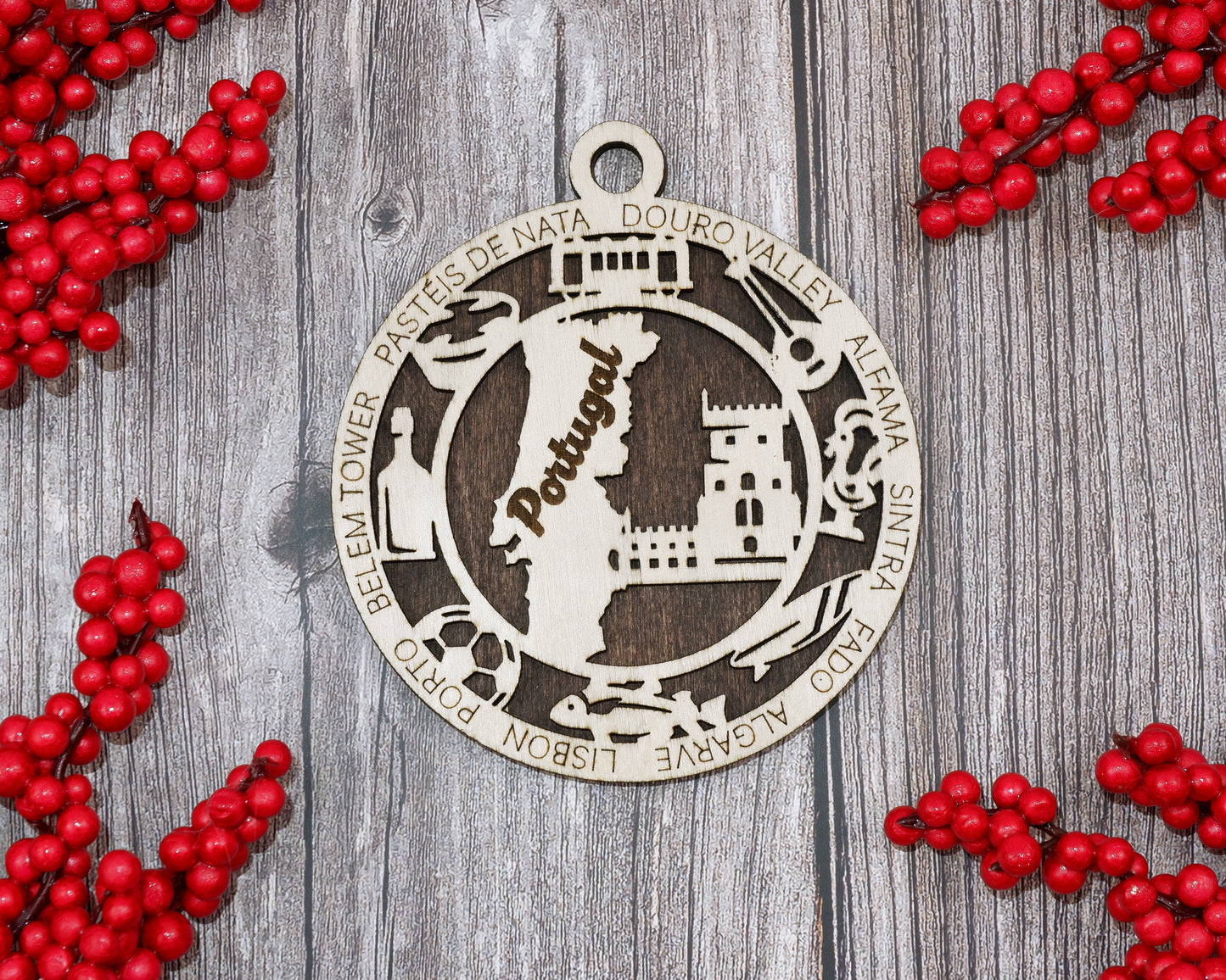 Portugal Travel Ornaments ‚Ä¢ Wooden Portugal Maps Christmas Ornaments ‚Ä¢ Laser Cut Portuguese Souvenir ‚Ä¢ Lisbon Gift Decor