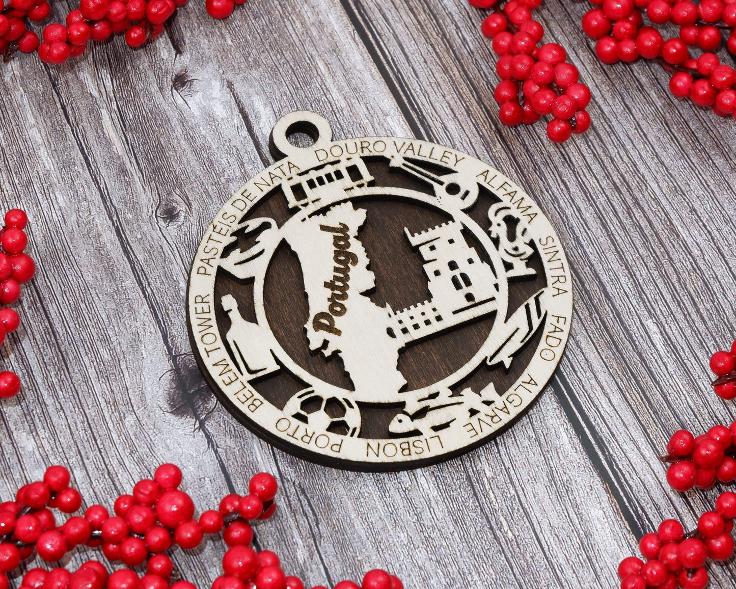 Portugal Travel Ornaments ‚Ä¢ Wooden Portugal Maps Christmas Ornaments ‚Ä¢ Laser Cut Portuguese Souvenir ‚Ä¢ Lisbon Gift Decor