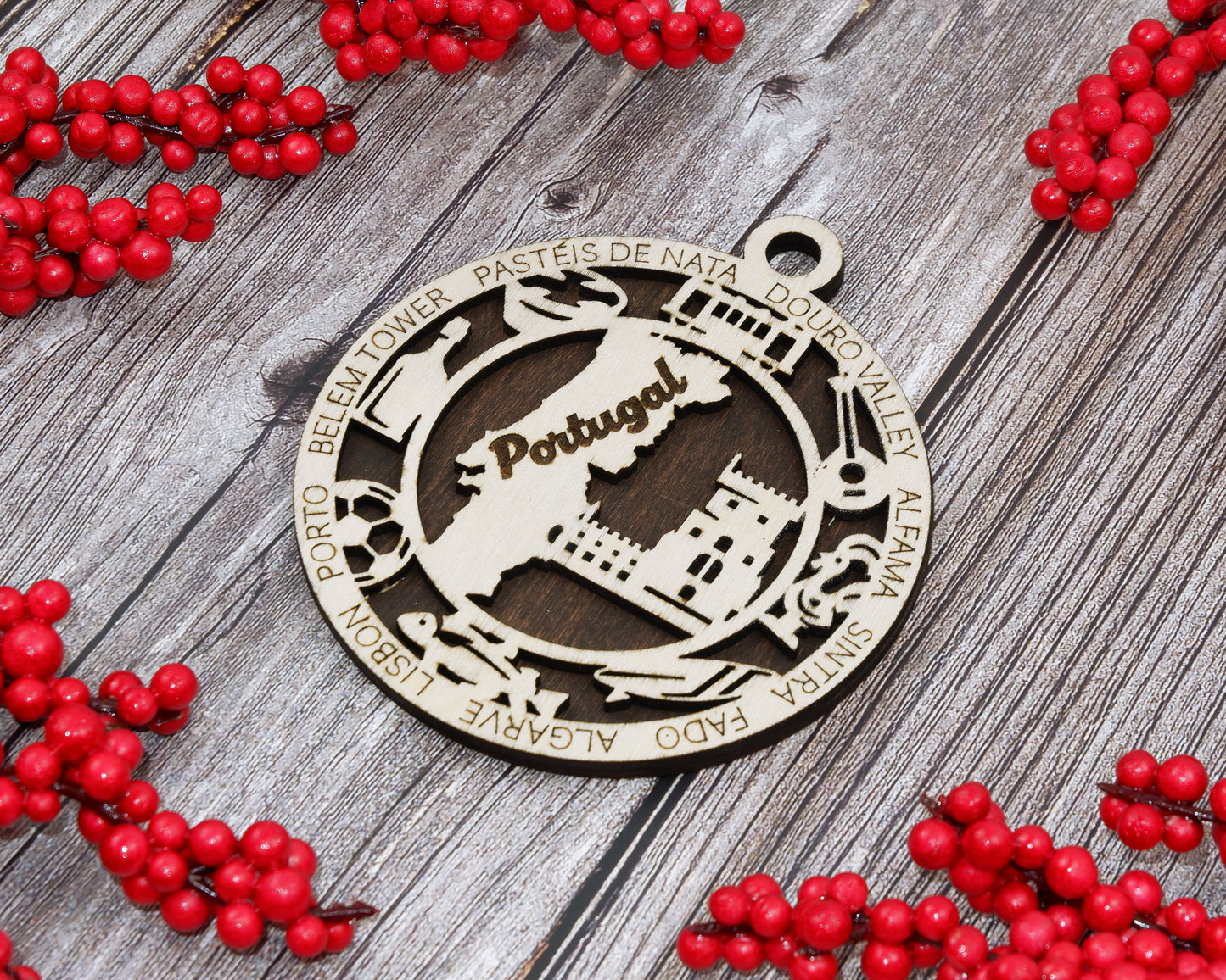 Portugal Travel Ornaments ‚Ä¢ Wooden Portugal Maps Christmas Ornaments ‚Ä¢ Laser Cut Portuguese Souvenir ‚Ä¢ Lisbon Gift Decor