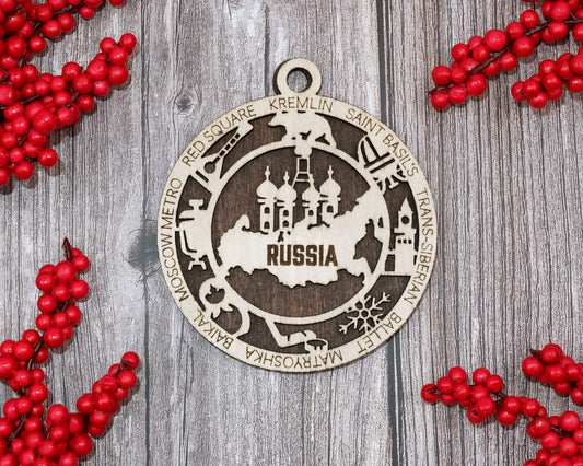 Russia Travel Ornaments ‚Ä¢ Wooden Russia Maps Christmas Ornaments ‚Ä¢ Laser Cut Russian Souvenir ‚Ä¢ Cultural Russia Gift Decor
