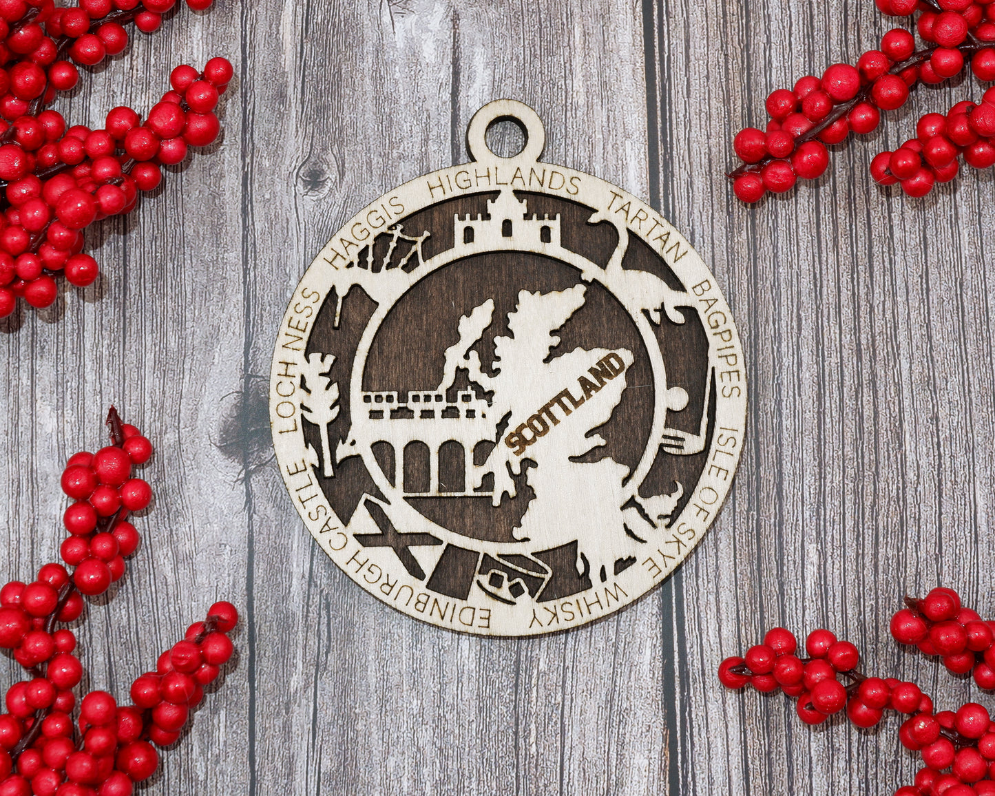 Scotland Travel Ornaments ‚Ä¢ Wooden Scotland Maps Christmas Ornaments ‚Ä¢ Laser Cut Scottish Souvenir ‚Ä¢ Highland Gift Decor