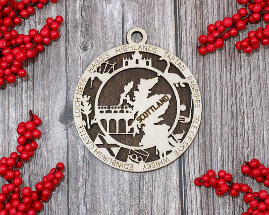 Scotland Travel Ornaments ‚Ä¢ Wooden Scotland Maps Christmas Ornaments ‚Ä¢ Laser Cut Scottish Souvenir ‚Ä¢ Highland Gift Decor