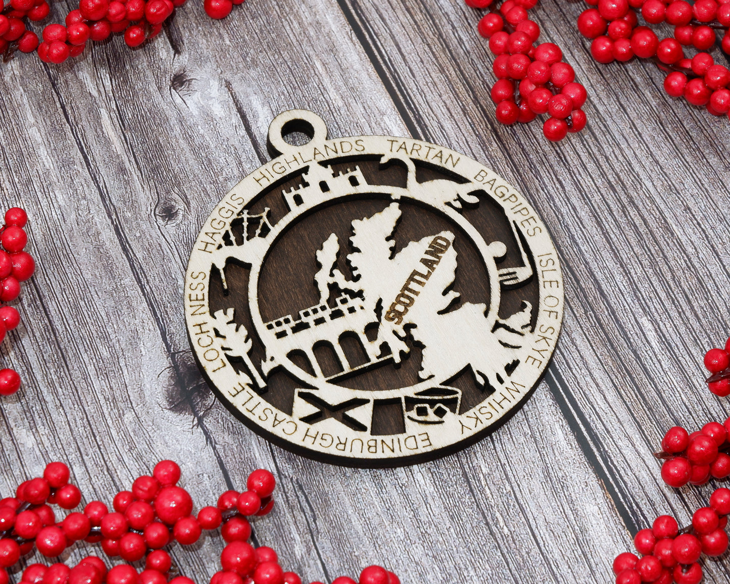 Scotland Travel Ornaments ‚Ä¢ Wooden Scotland Maps Christmas Ornaments ‚Ä¢ Laser Cut Scottish Souvenir ‚Ä¢ Highland Gift Decor
