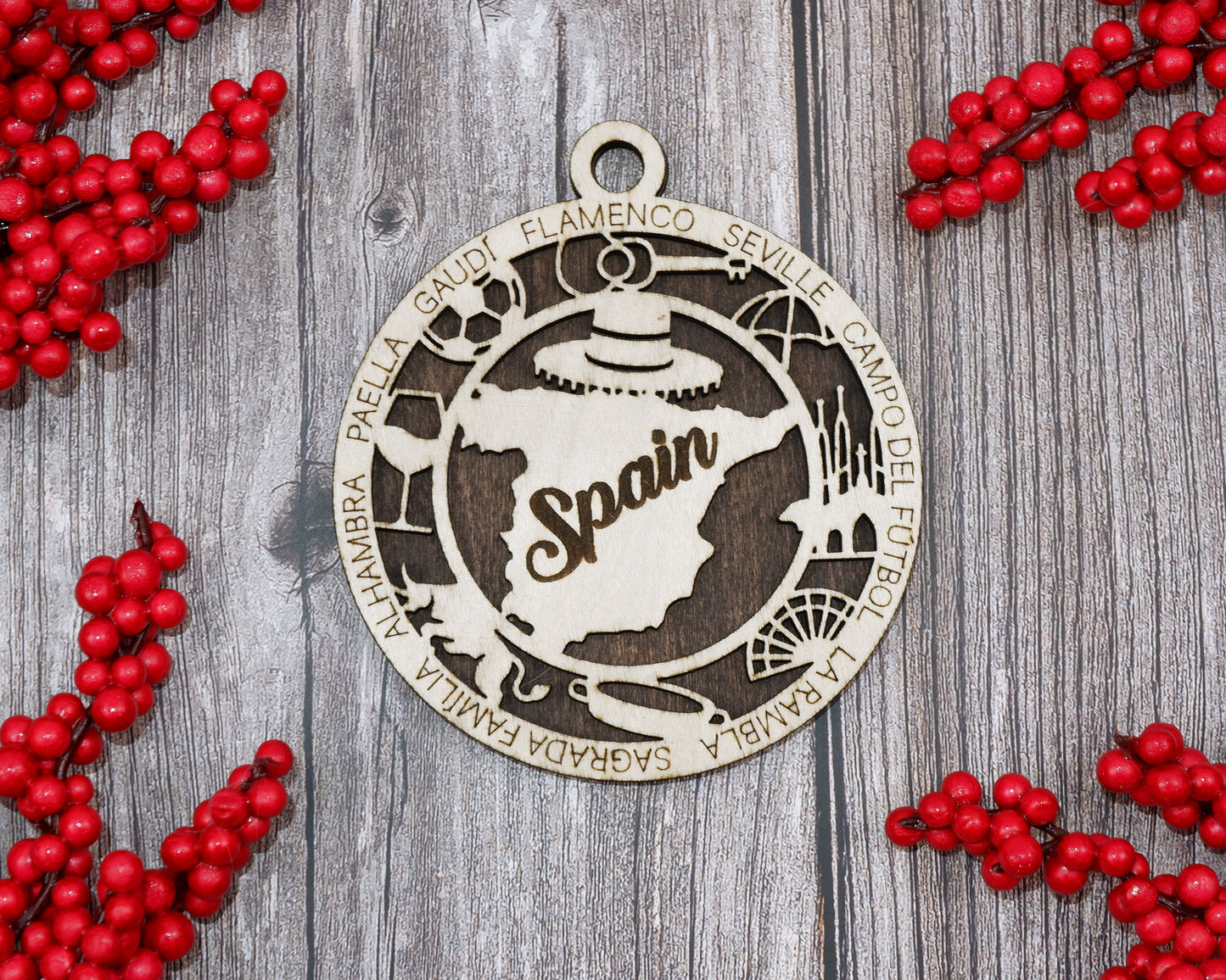Spain Travel Ornaments ‚Ä¢ Wooden Spain Maps Christmas Ornaments ‚Ä¢ Laser Cut Spanish Souvenir ‚Ä¢ Iberian Peninsula Gift Decor
