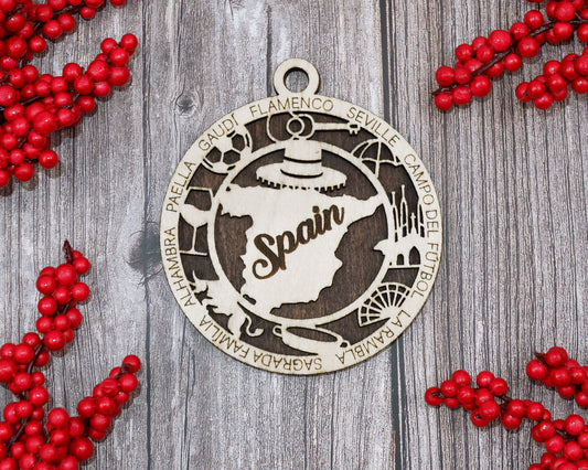 Spain Travel Ornaments ‚Ä¢ Wooden Spain Maps Christmas Ornaments ‚Ä¢ Laser Cut Spanish Souvenir ‚Ä¢ Iberian Peninsula Gift Decor