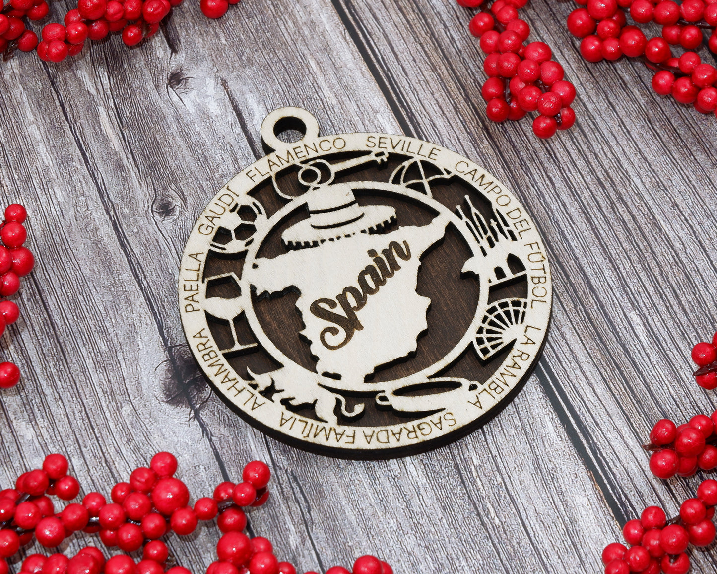 Spain Travel Ornaments ‚Ä¢ Wooden Spain Maps Christmas Ornaments ‚Ä¢ Laser Cut Spanish Souvenir ‚Ä¢ Iberian Peninsula Gift Decor