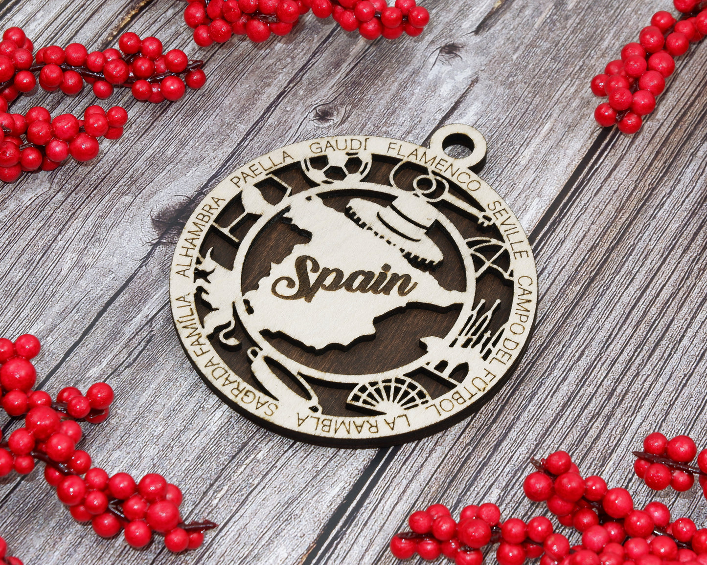 Spain Travel Ornaments ‚Ä¢ Wooden Spain Maps Christmas Ornaments ‚Ä¢ Laser Cut Spanish Souvenir ‚Ä¢ Iberian Peninsula Gift Decor