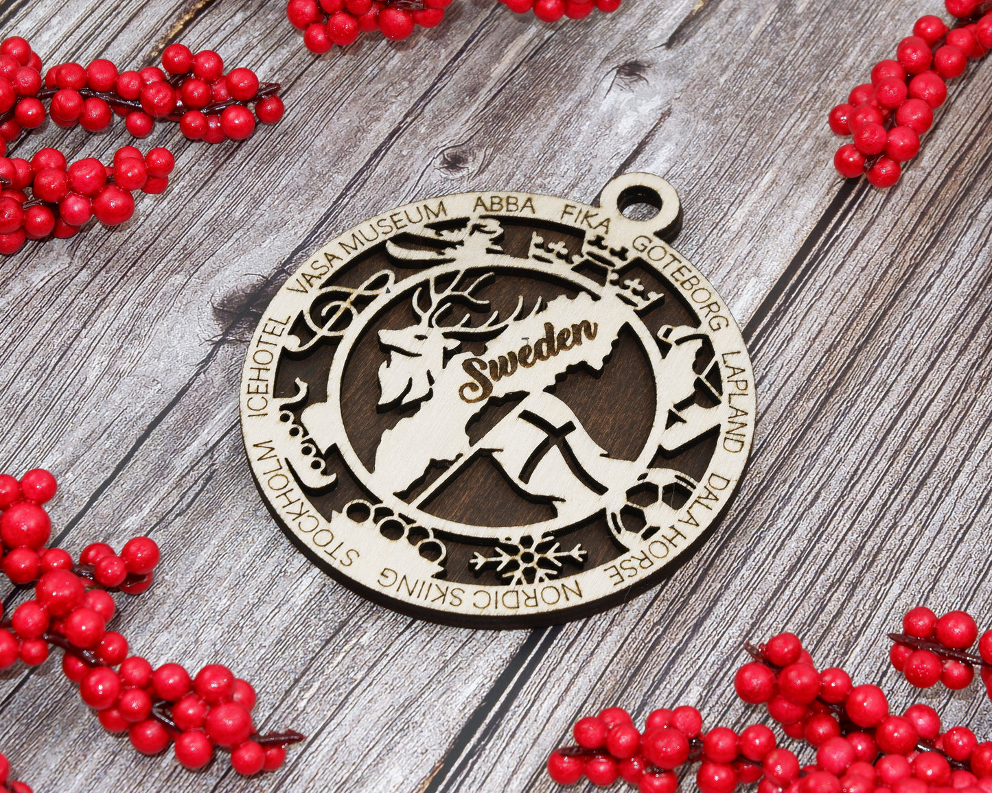 Sweden Travel Ornaments ‚Ä¢ Wooden Sweden Maps Christmas Ornaments ‚Ä¢ Laser Cut Swedish Souvenir ‚Ä¢ Nordic Sweden Decor