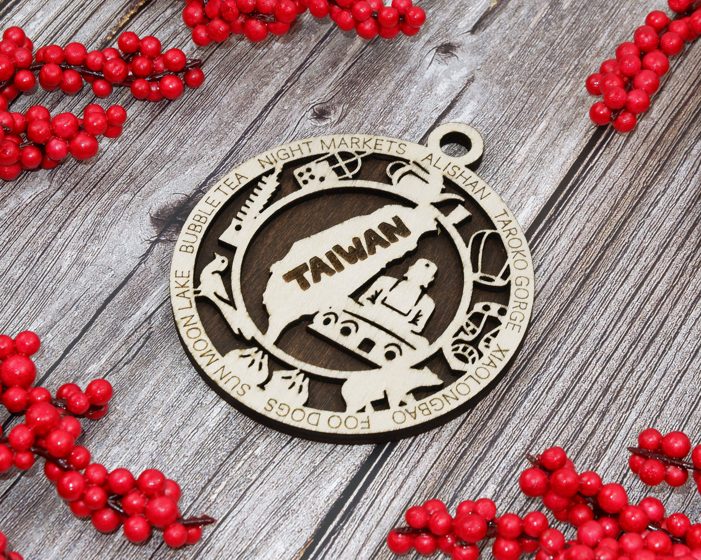 Taiwan Travel Ornaments ‚Ä¢ Wooden Taiwan Maps Christmas Ornaments ‚Ä¢ Laser Cut Taiwanese Souvenir ‚Ä¢ Cultural Taiwan Gift Decor