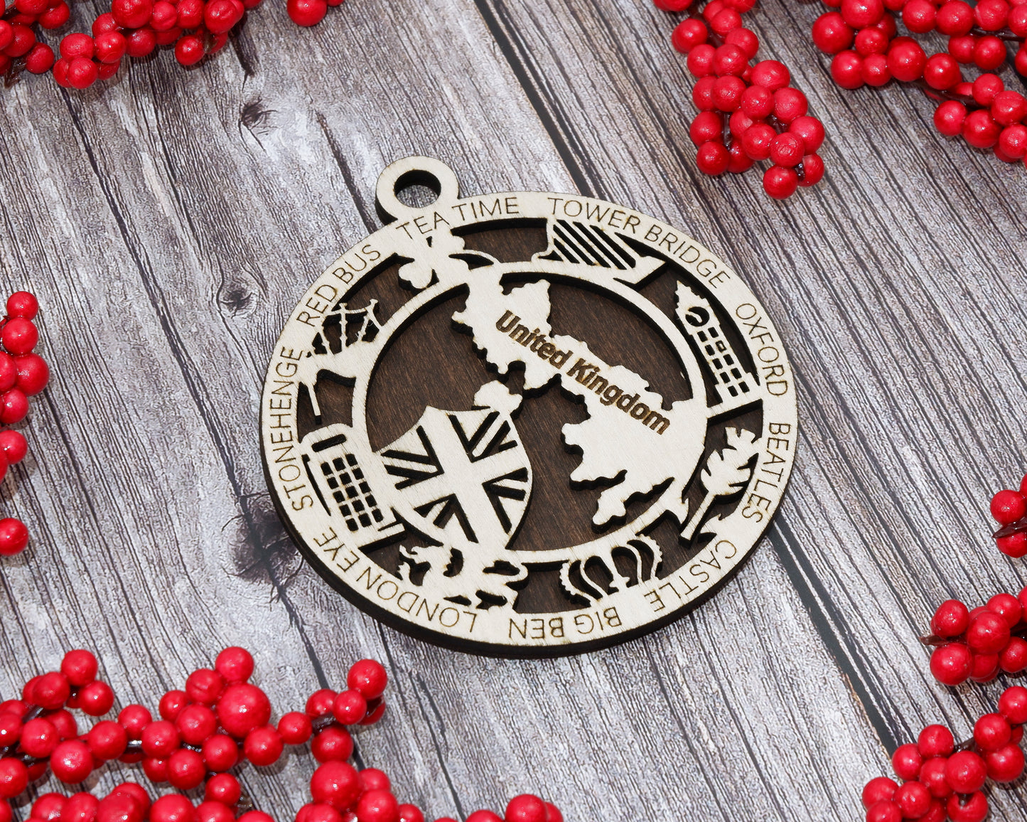 United Kingdom Travel Ornaments ‚Ä¢ Wooden UK Maps Christmas Ornaments ‚Ä¢ Laser Cut British Souvenir ‚Ä¢ UK Landmark Gift Decor