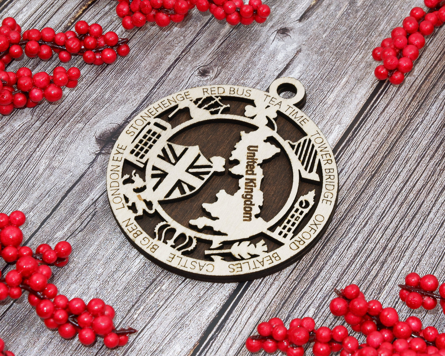 United Kingdom Travel Ornaments ‚Ä¢ Wooden UK Maps Christmas Ornaments ‚Ä¢ Laser Cut British Souvenir ‚Ä¢ UK Landmark Gift Decor