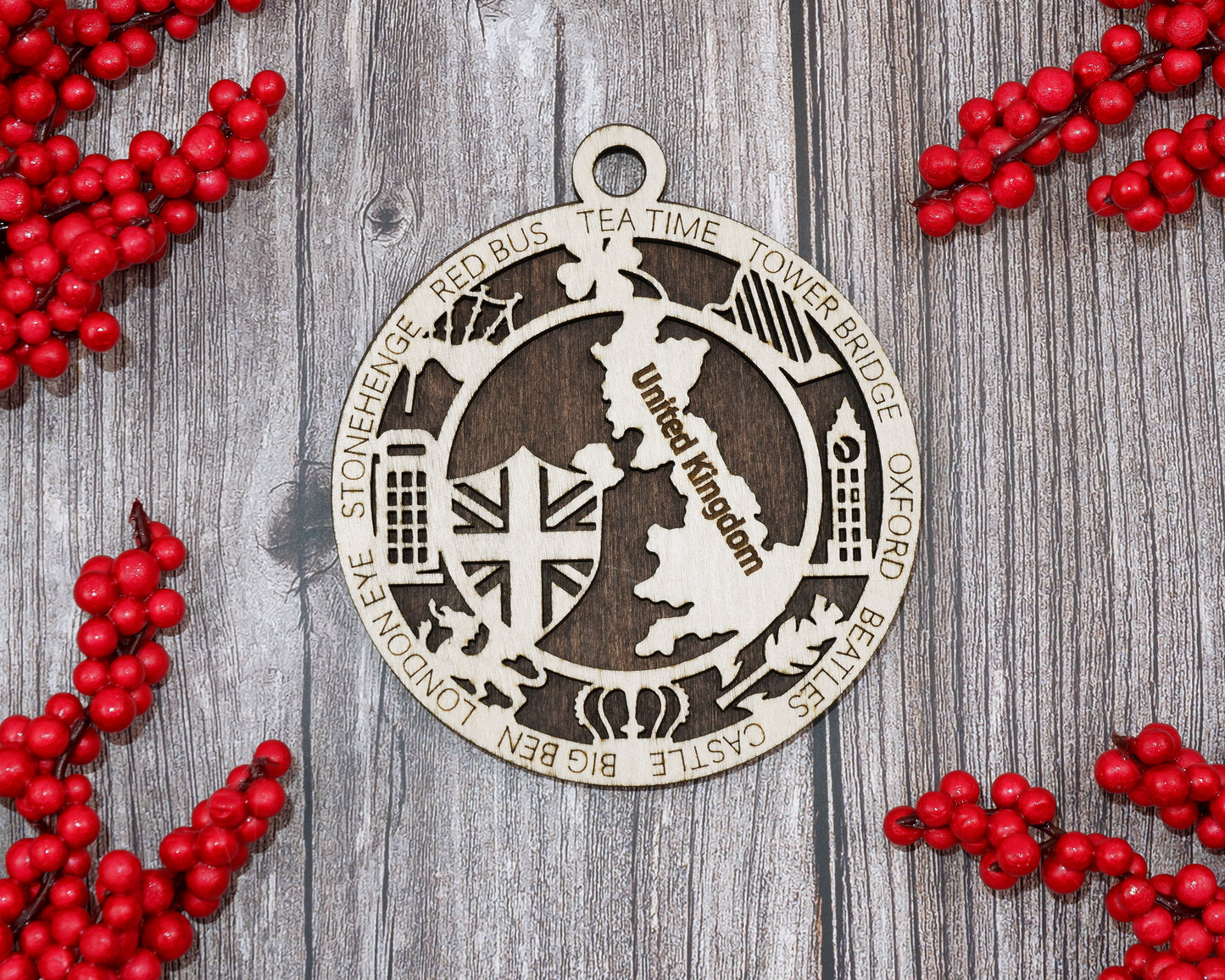 United Kingdom Travel Ornaments ‚Ä¢ Wooden UK Maps Christmas Ornaments ‚Ä¢ Laser Cut British Souvenir ‚Ä¢ UK Landmark Gift Decor