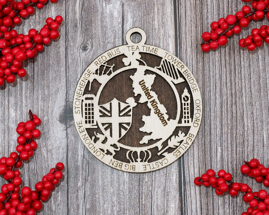 United Kingdom Travel Ornaments ‚Ä¢ Wooden UK Maps Christmas Ornaments ‚Ä¢ Laser Cut British Souvenir ‚Ä¢ UK Landmark Gift Decor
