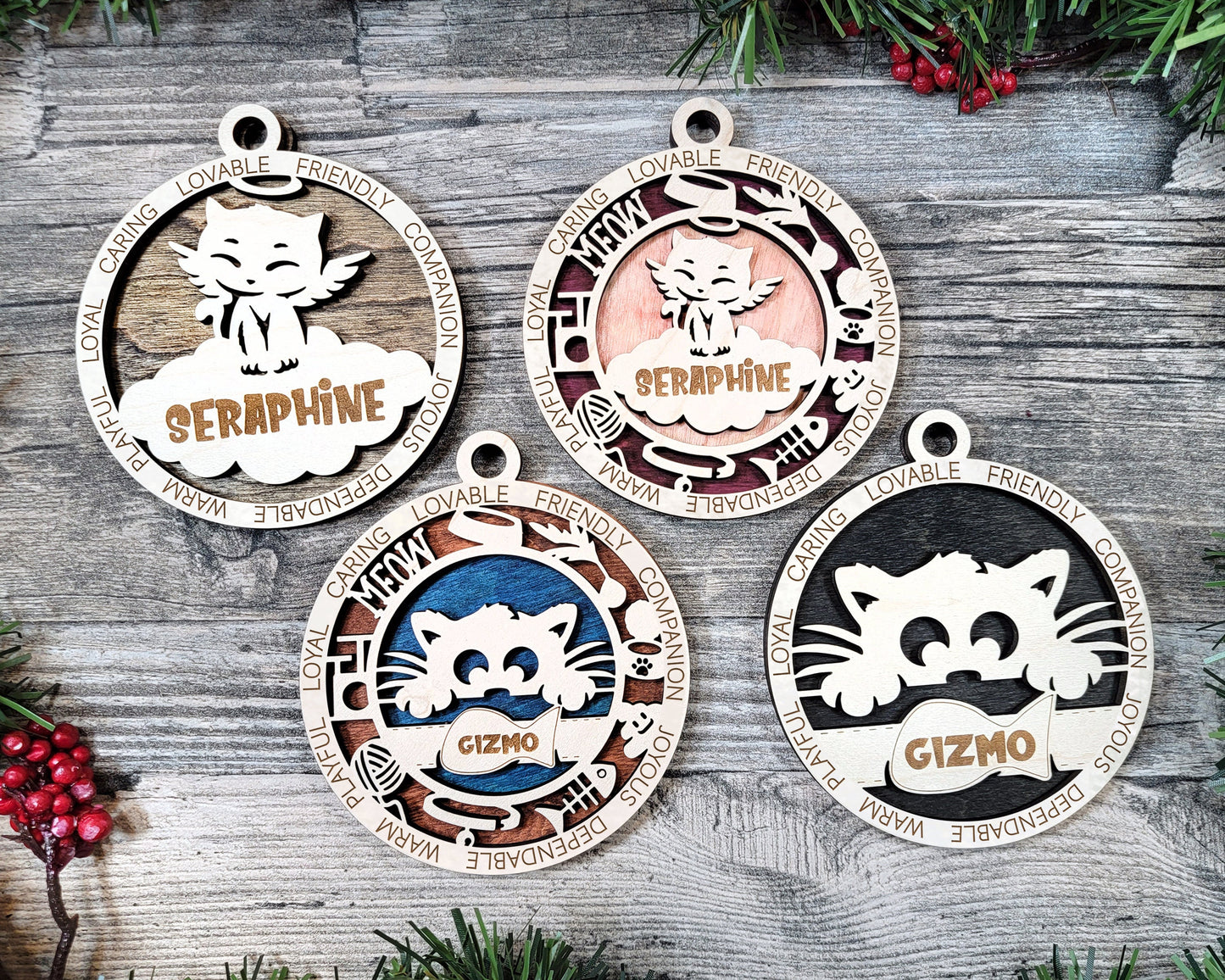 Cuddly Cat Personalized Ornaments | Handcrafted | Wooden | Laser-Cut | Gift