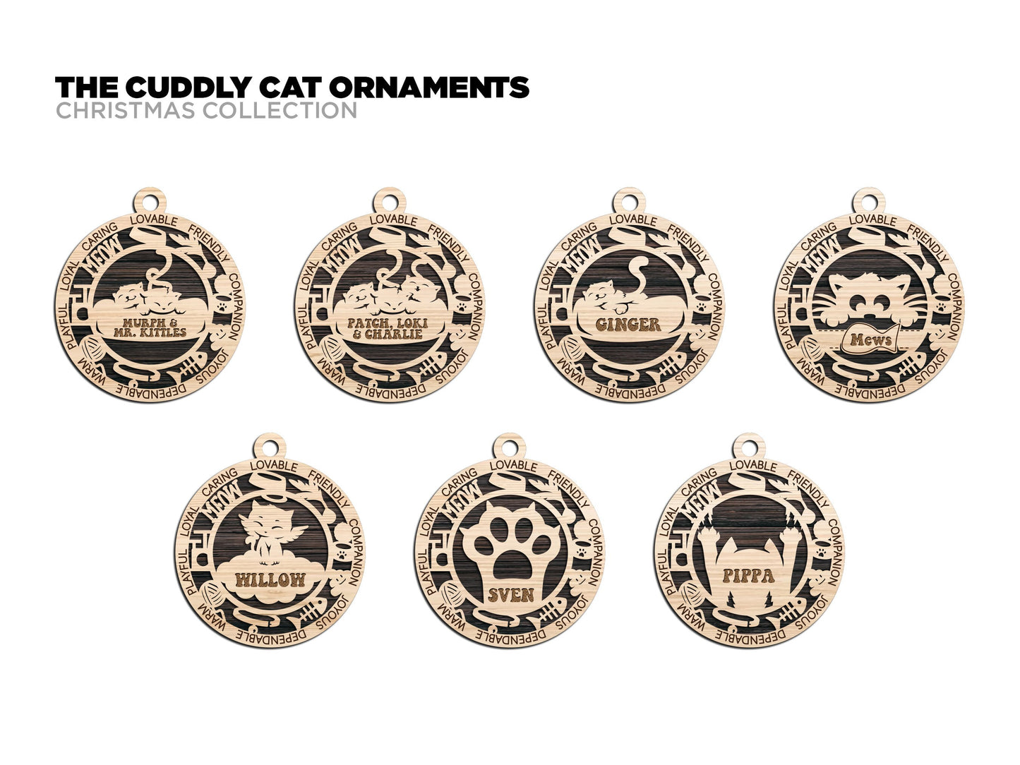 Cuddly Cat Personalized Ornaments | Handcrafted | Wooden | Laser-Cut | Gift