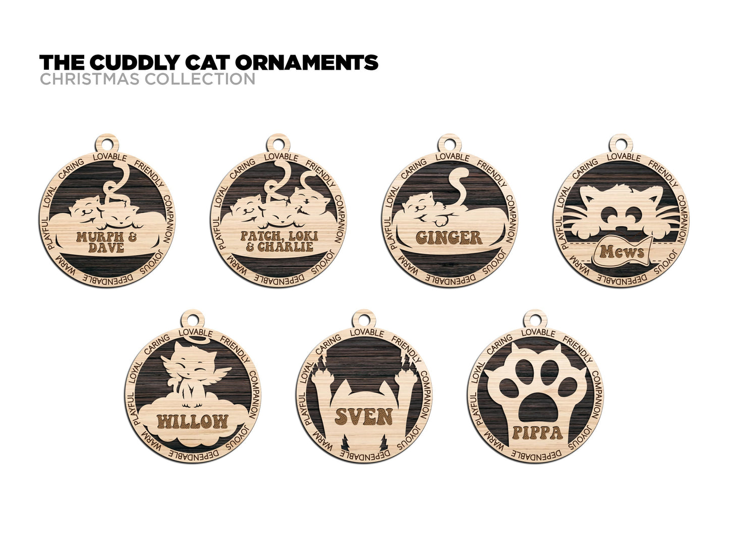 Cuddly Cat Personalized Ornaments | Handcrafted | Wooden | Laser-Cut | Gift