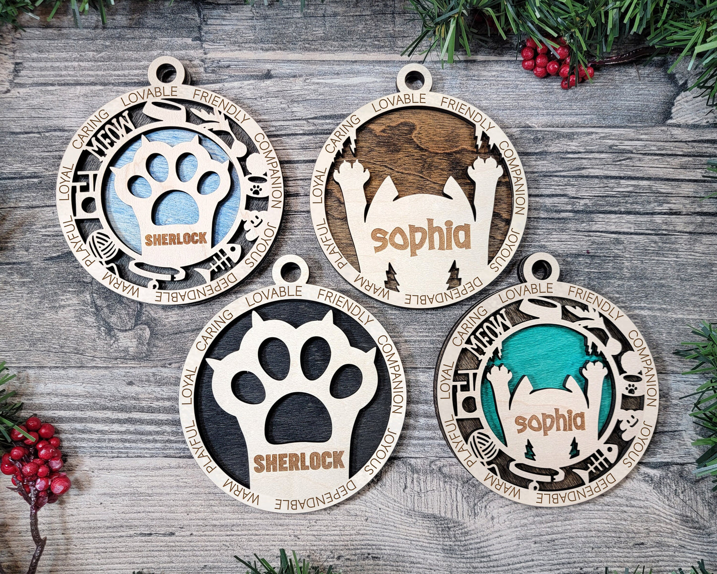 Cuddly Cat Personalized Ornaments | Handcrafted | Wooden | Laser-Cut | Gift