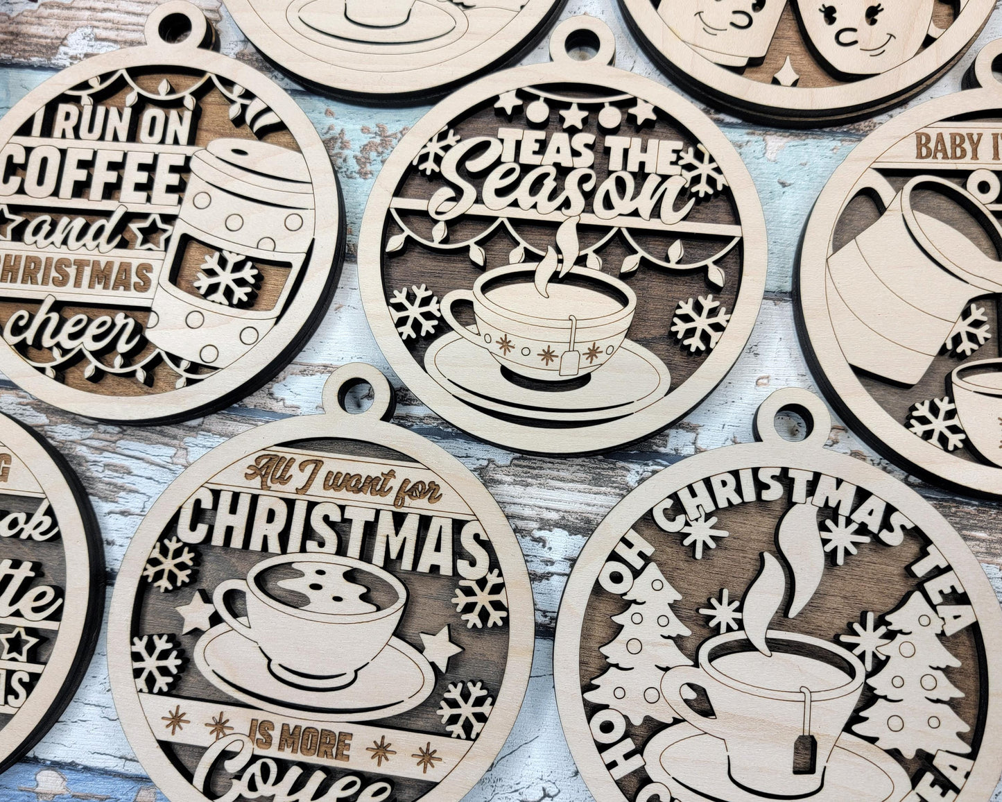 Brew-tastic Christmas Ornaments: Coffee, Latte, Tea, Warm and Cozy, It's Cold Outside | Handcrafted | Wooden | Laser-Cut | Gift