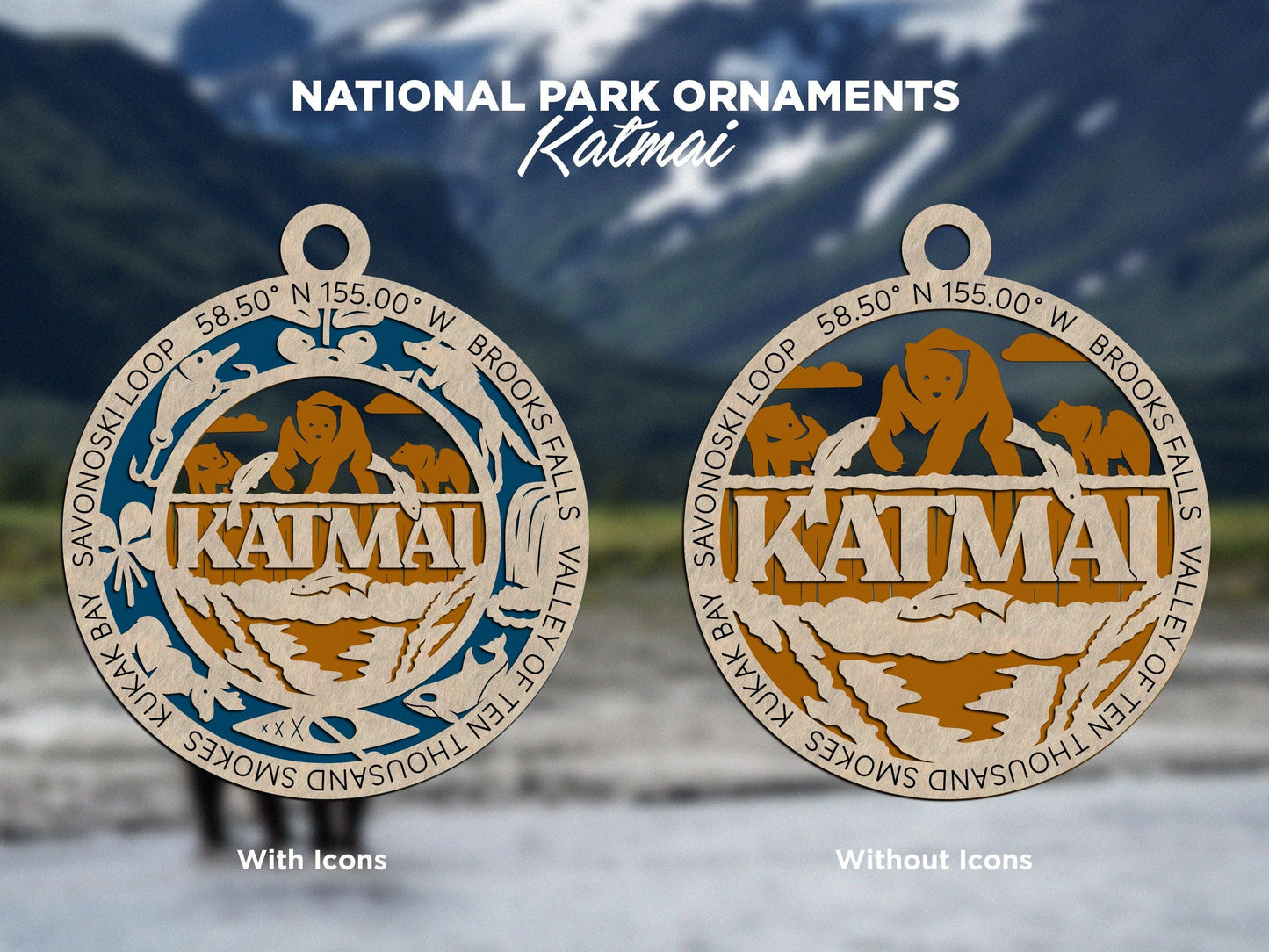 Katmai National Park Ornaments | Handcrafted | Wooden | Laser-Cut | Gift
