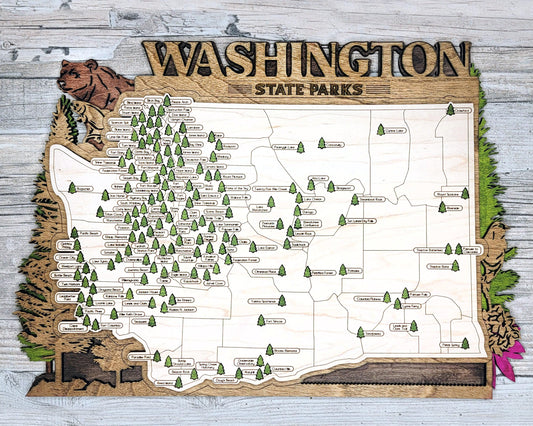 Washington State Parks Map | Wooden, Rustic, Unique, Handmade, Home Decor, Wall Art, Wall Hanging, Wooden, Laser Cut