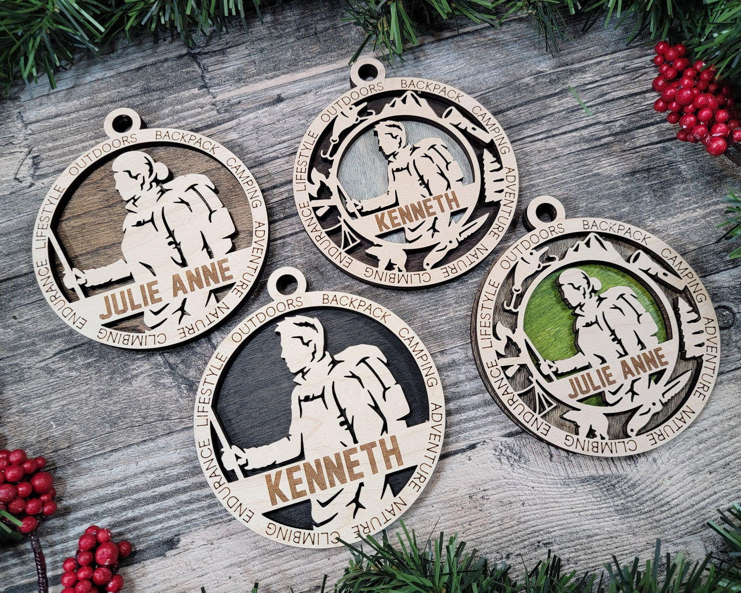 Hiking Personalized Ornaments | Handcrafted | Wooden | Laser-Cut | Gift
