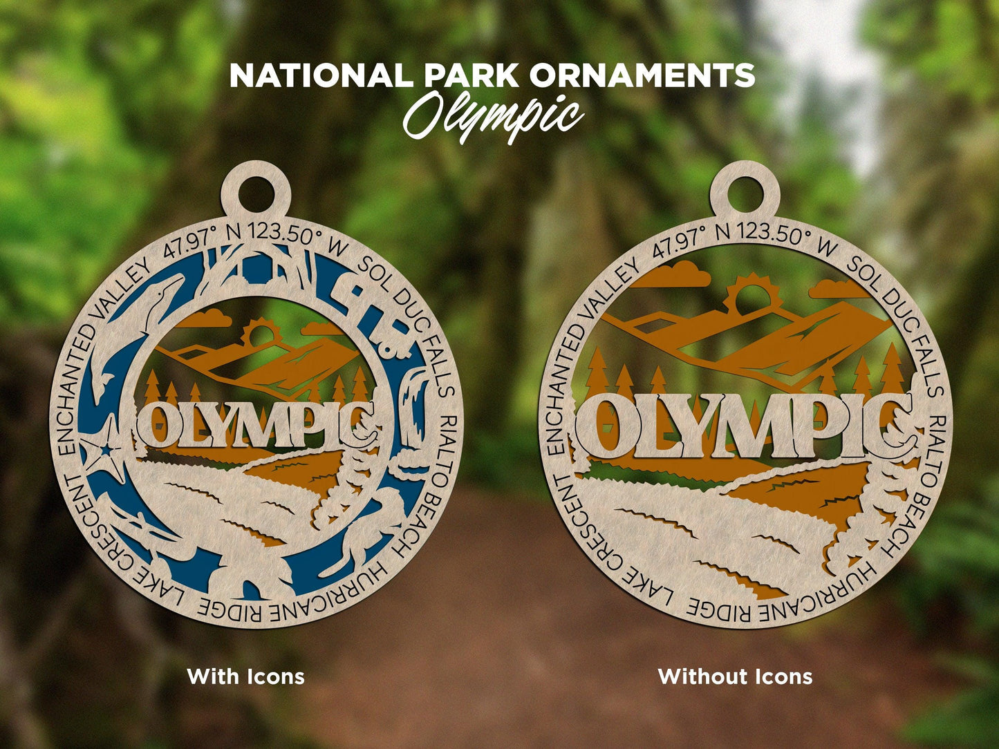 Olympic National Park Ornaments | Handcrafted | Wooden | Laser-Cut | Gift